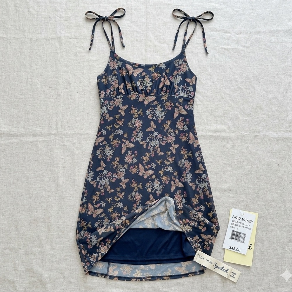 NWT Live To Be Spoiled Butterfly Mesh Overlay Midi Slip Dress Navy Floral Large
